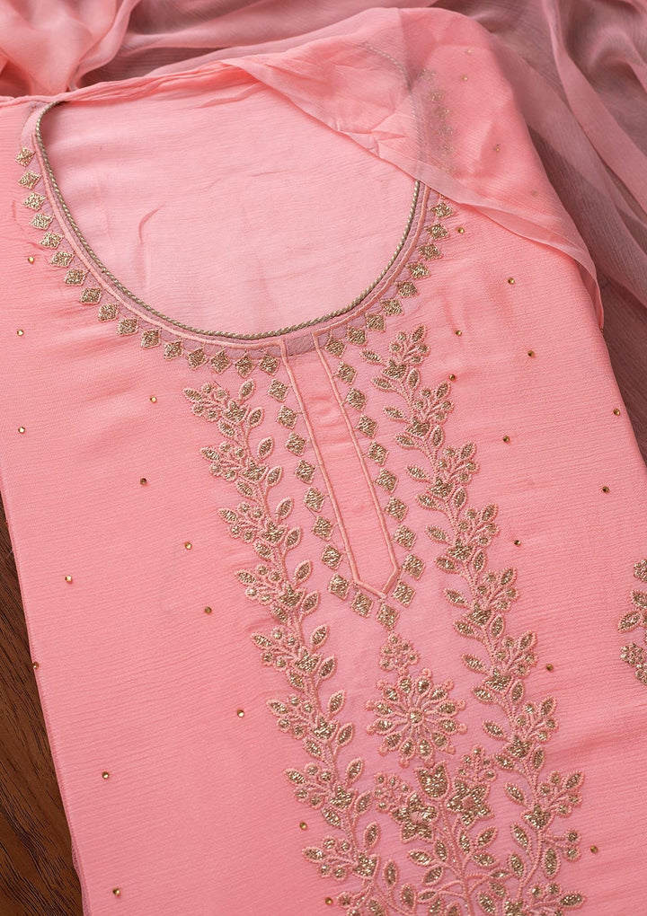 Pink Threadwork Semi Crepe Designer Unstitched Salwar Suit - koskii