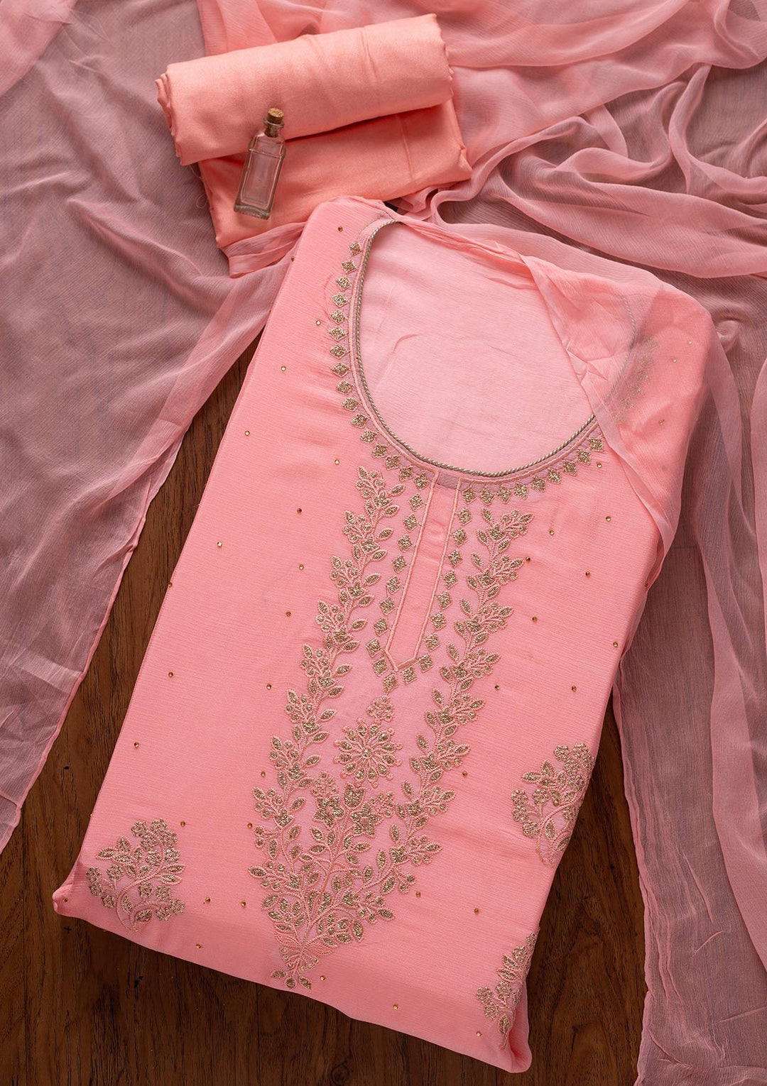 Pink Threadwork Semi Crepe Designer Unstitched Salwar Suit - koskii