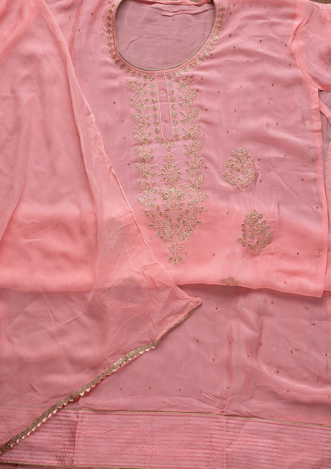 Pink Threadwork Semi Crepe Designer Unstitched Salwar Suit - koskii