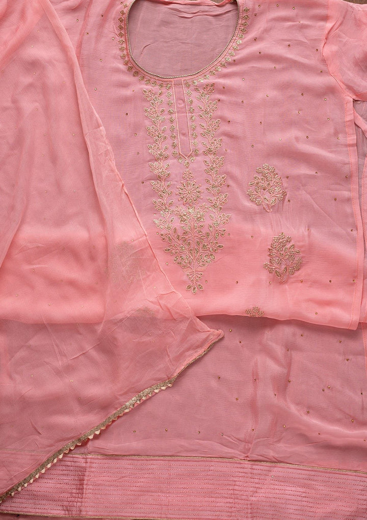 Pink Threadwork Semi Crepe Designer Unstitched Salwar Suit - koskii