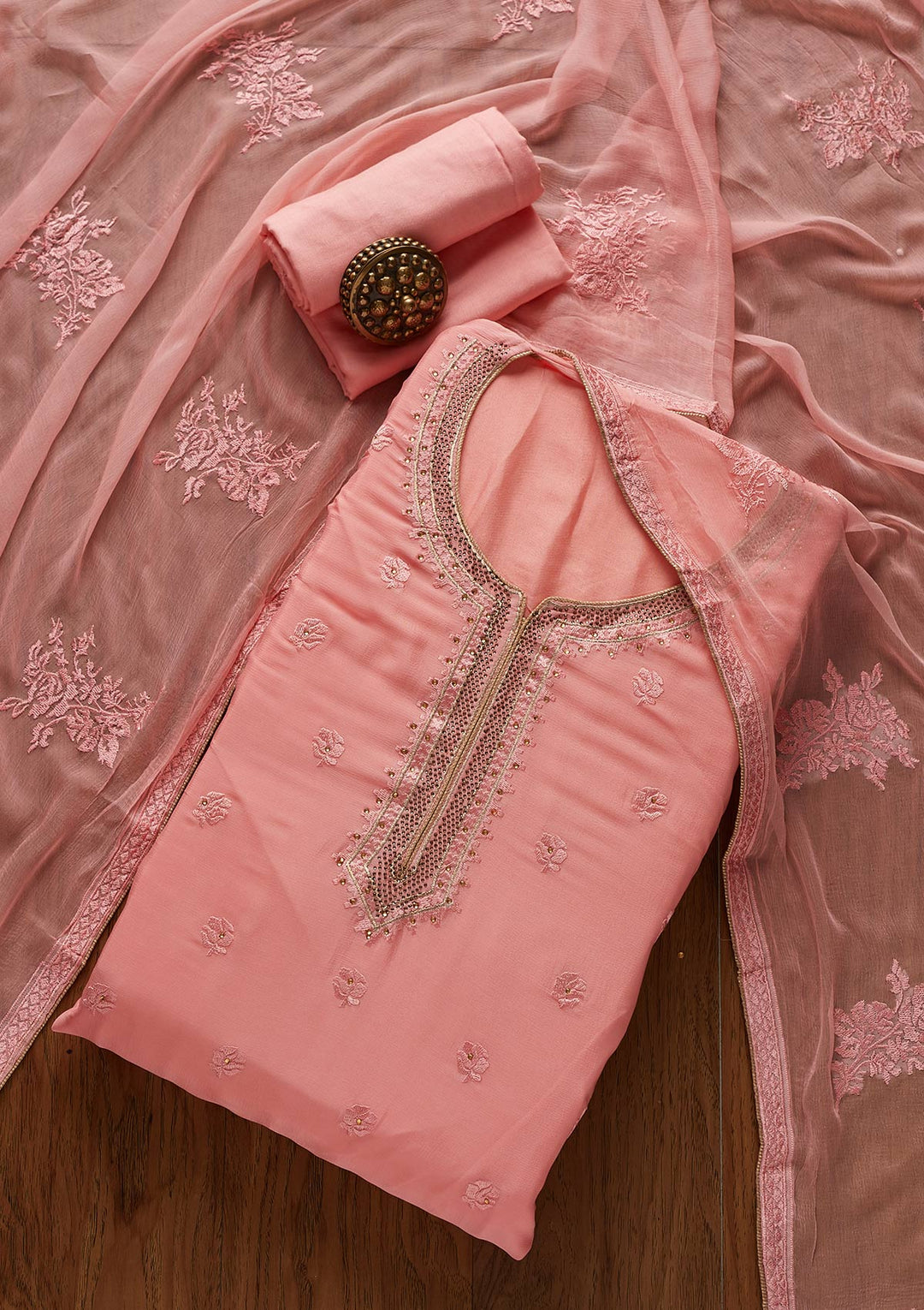 Pink Threadwork Semi Crepe Designer Unstitched Salwar Suit - koskii
