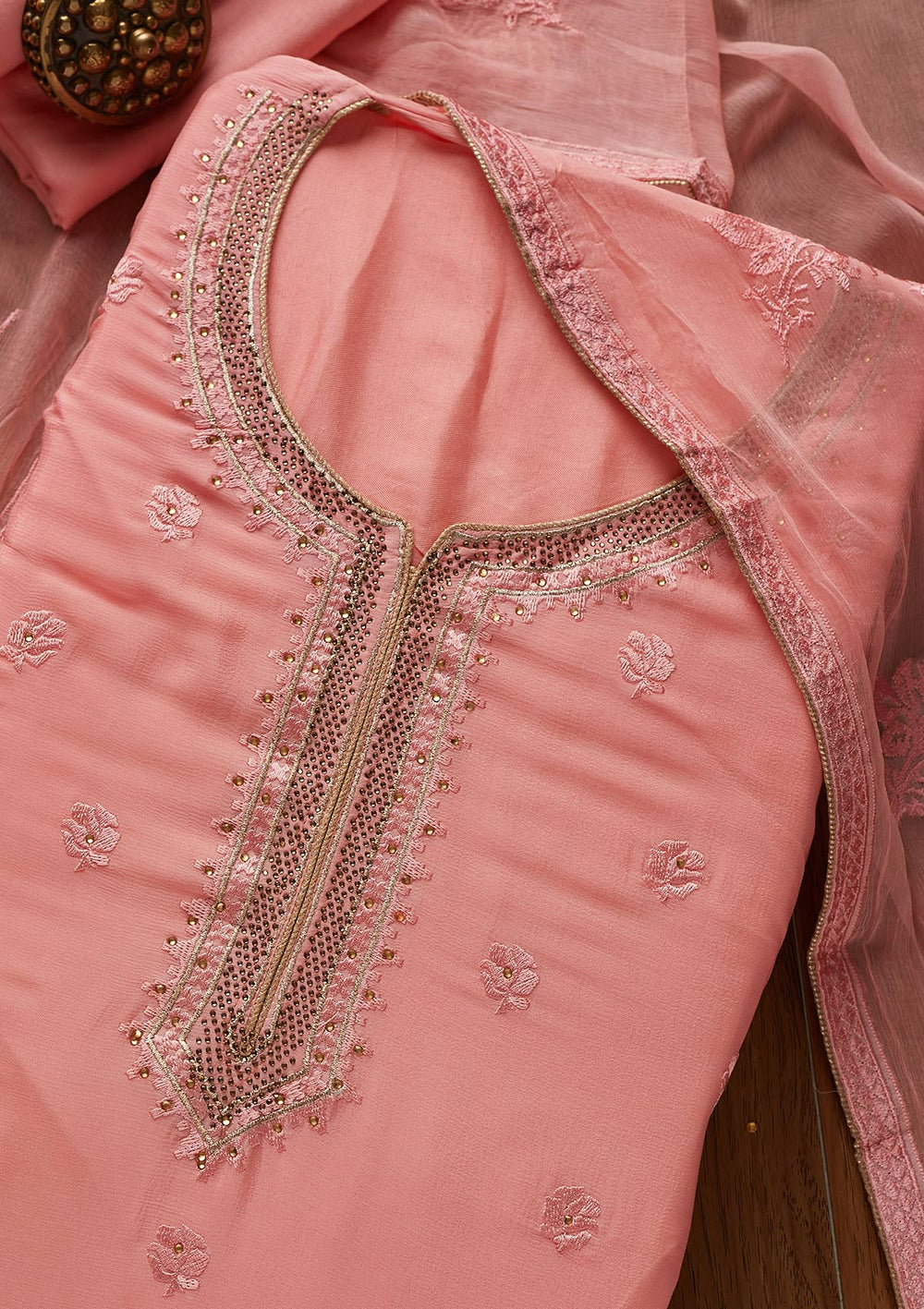 Pink Threadwork Semi Crepe Designer Unstitched Salwar Suit - koskii