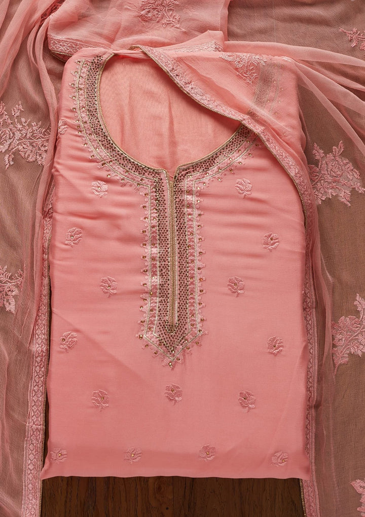 Pink Threadwork Semi Crepe Designer Unstitched Salwar Suit - koskii