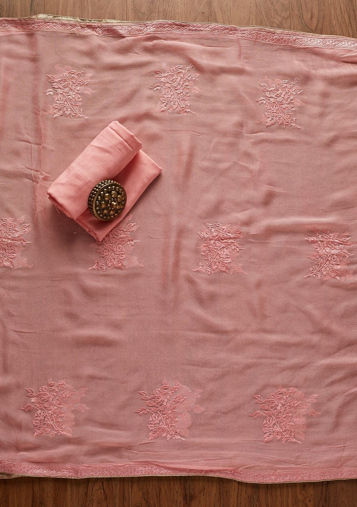 Pink Threadwork Semi Crepe Designer Unstitched Salwar Suit - koskii
