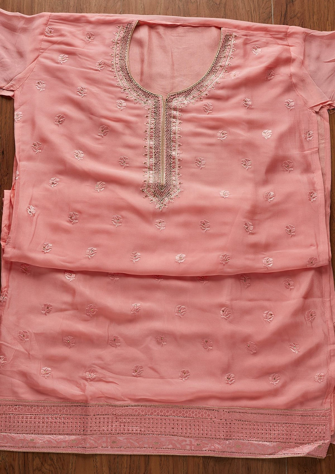 Pink Threadwork Semi Crepe Designer Unstitched Salwar Suit - koskii