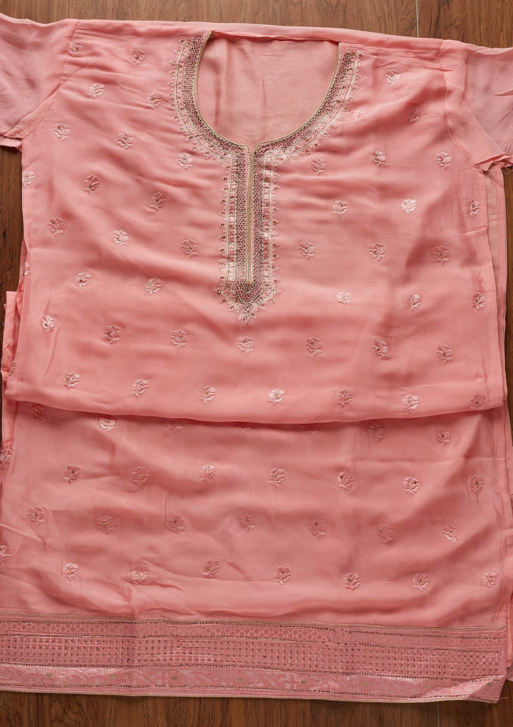 Pink Threadwork Semi Crepe Designer Unstitched Salwar Suit - koskii
