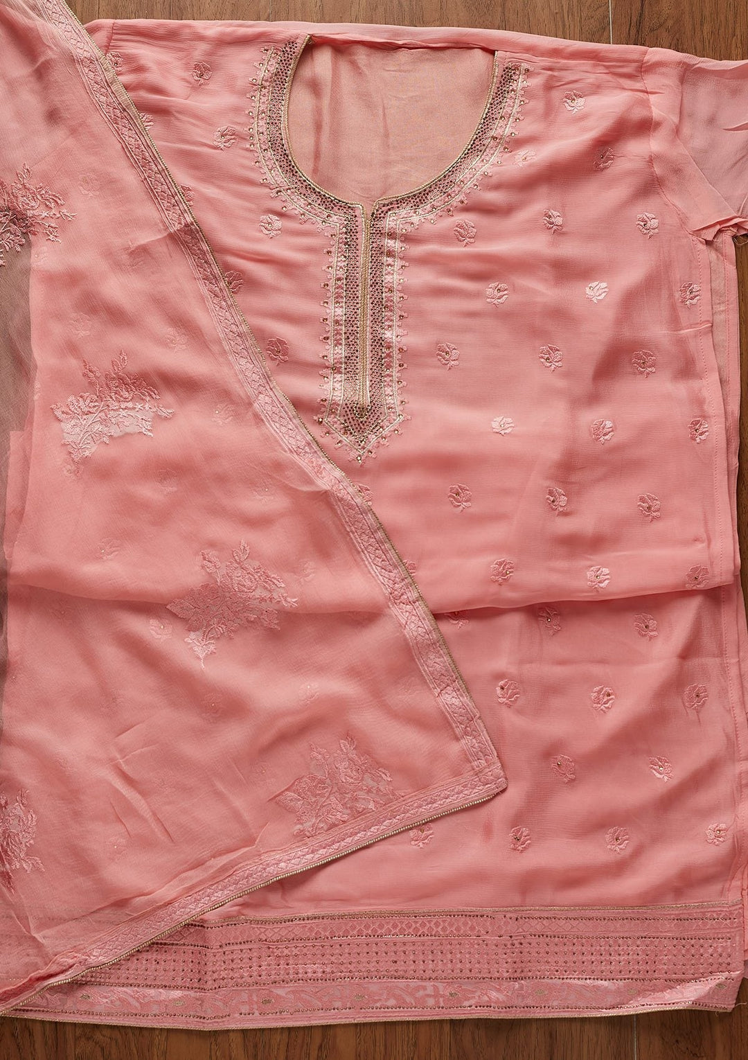 Pink Threadwork Semi Crepe Designer Unstitched Salwar Suit - koskii