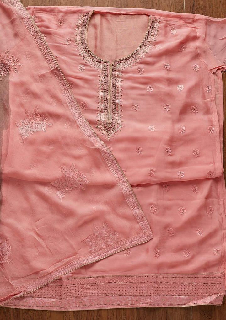Pink Threadwork Semi Crepe Designer Unstitched Salwar Suit - koskii