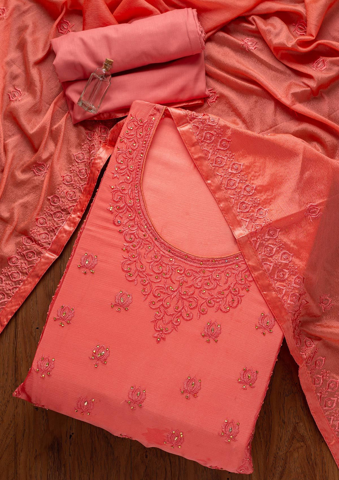 Pink Threadwork Semi Crepe Designer Unstitched Salwar Suit - koskii