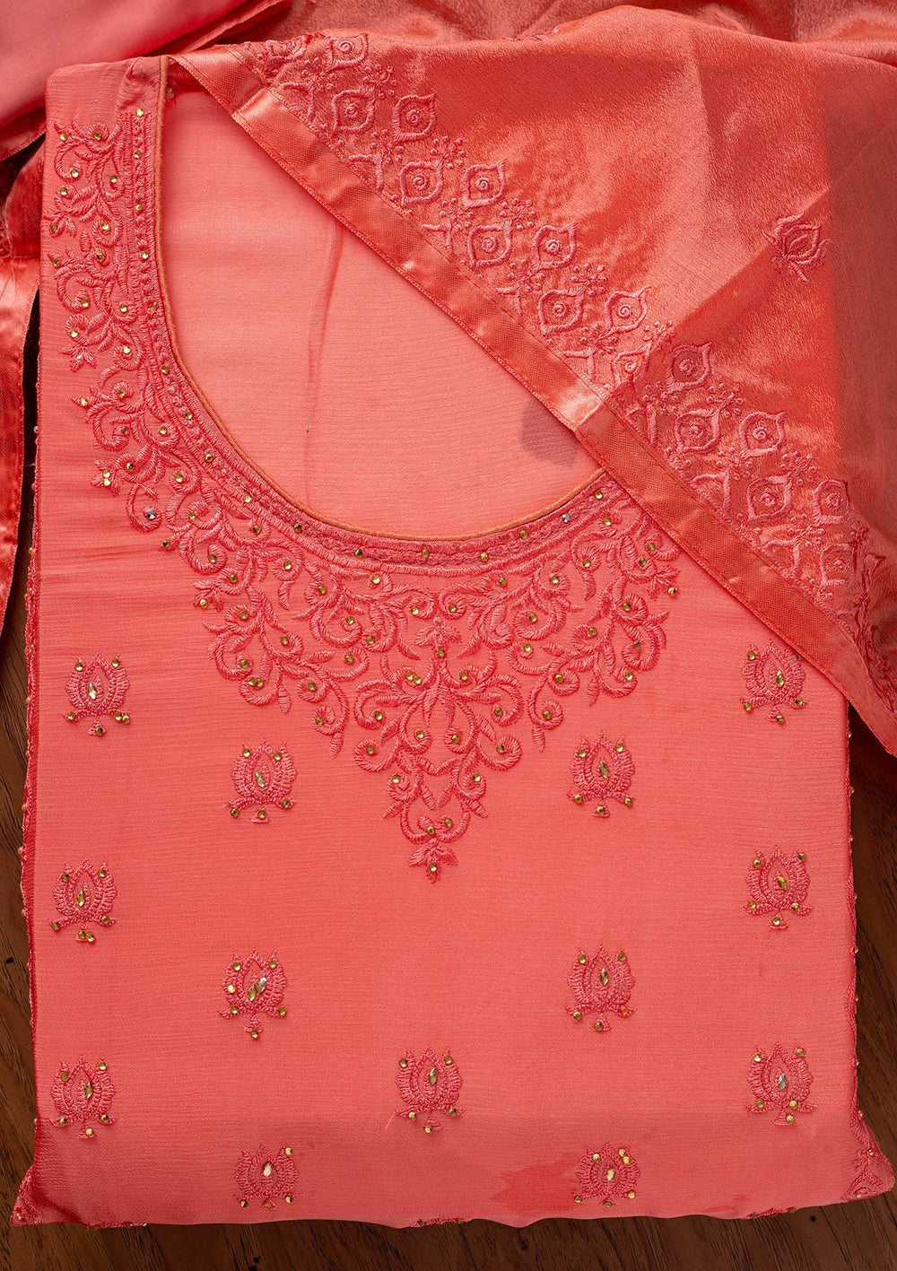 Pink Threadwork Semi Crepe Designer Unstitched Salwar Suit - koskii