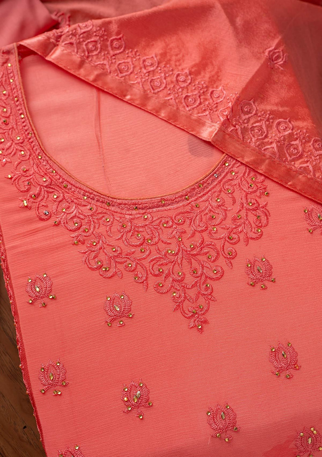 Pink Threadwork Semi Crepe Designer Unstitched Salwar Suit - koskii