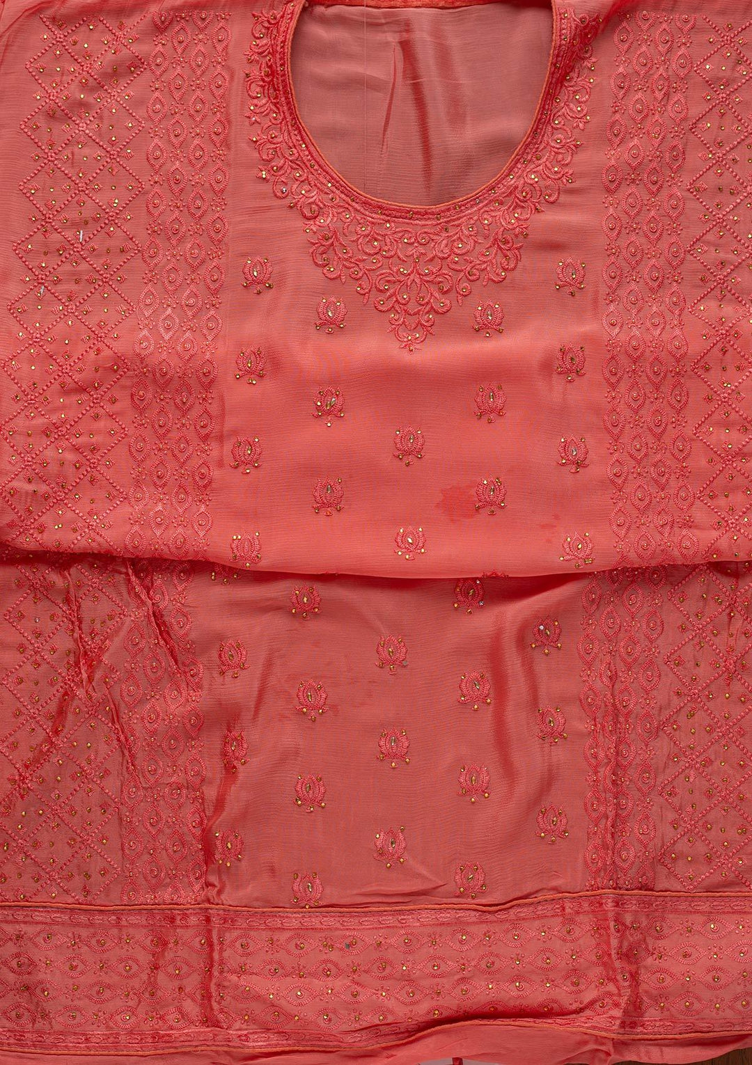 Pink Threadwork Semi Crepe Designer Unstitched Salwar Suit - koskii
