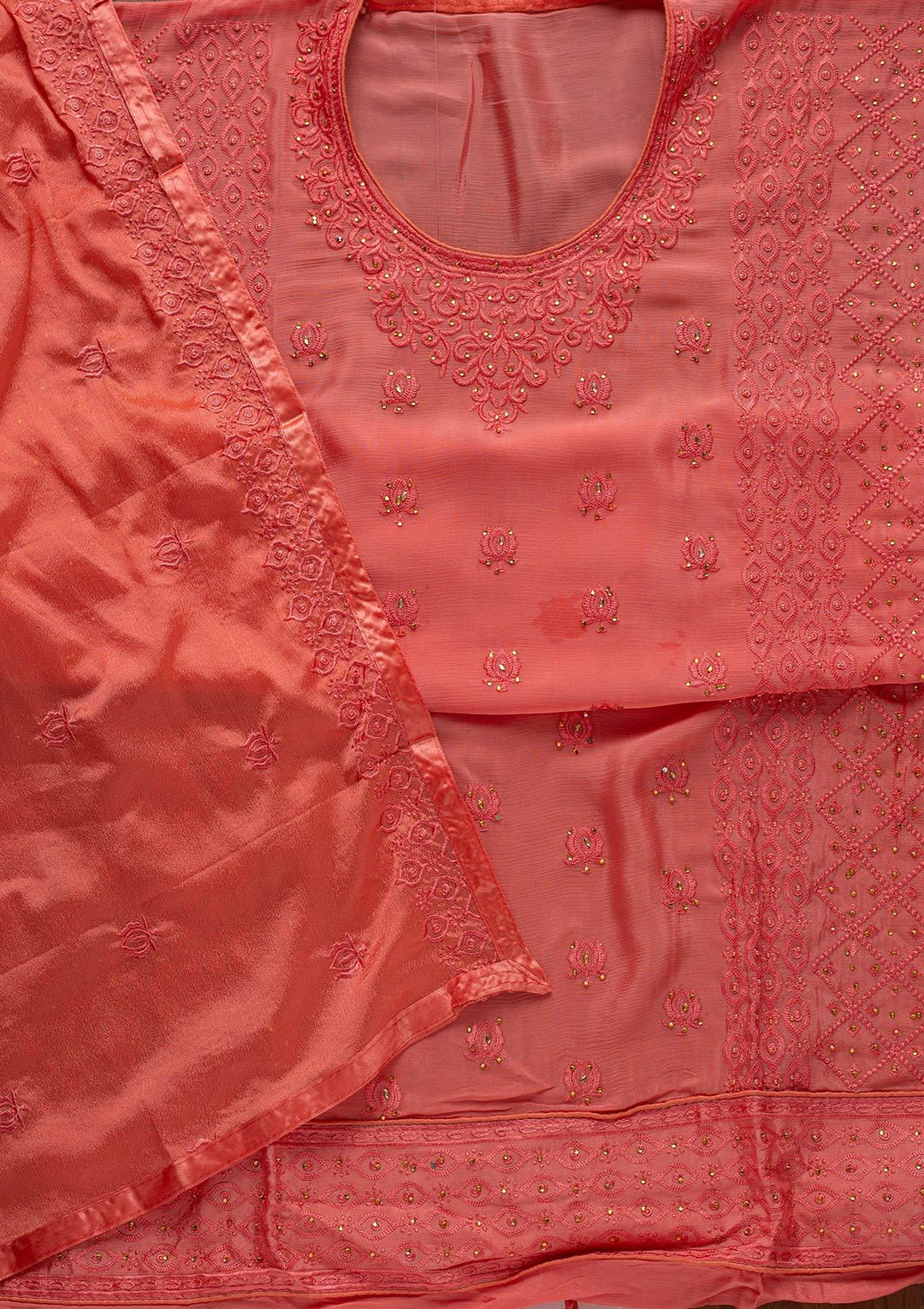 Pink Threadwork Semi Crepe Designer Unstitched Salwar Suit - koskii