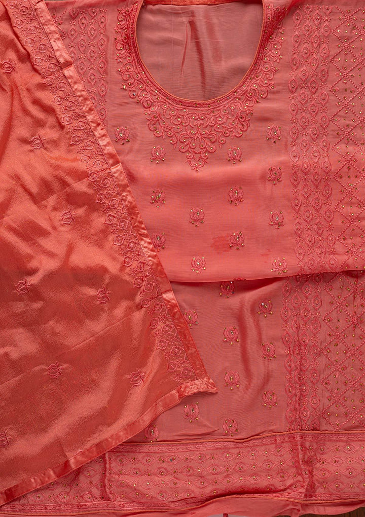 Pink Threadwork Semi Crepe Designer Unstitched Salwar Suit - koskii