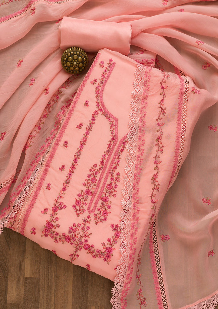 Pink Threadwork Tissue Unstitched Salwar Kameez-Koskii