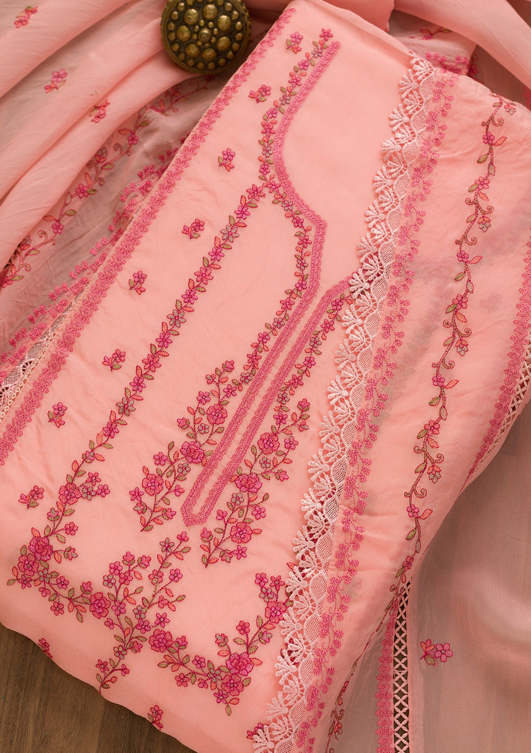 Pink Threadwork Tissue Unstitched Salwar Kameez-Koskii