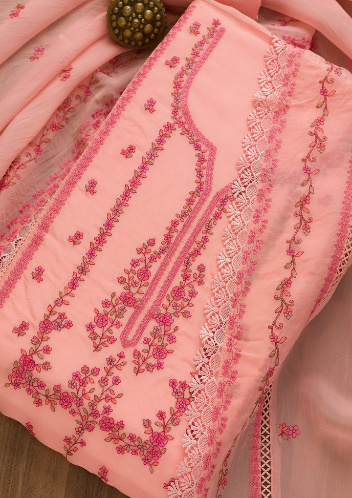 Pink Threadwork Tissue Unstitched Salwar Kameez-Koskii