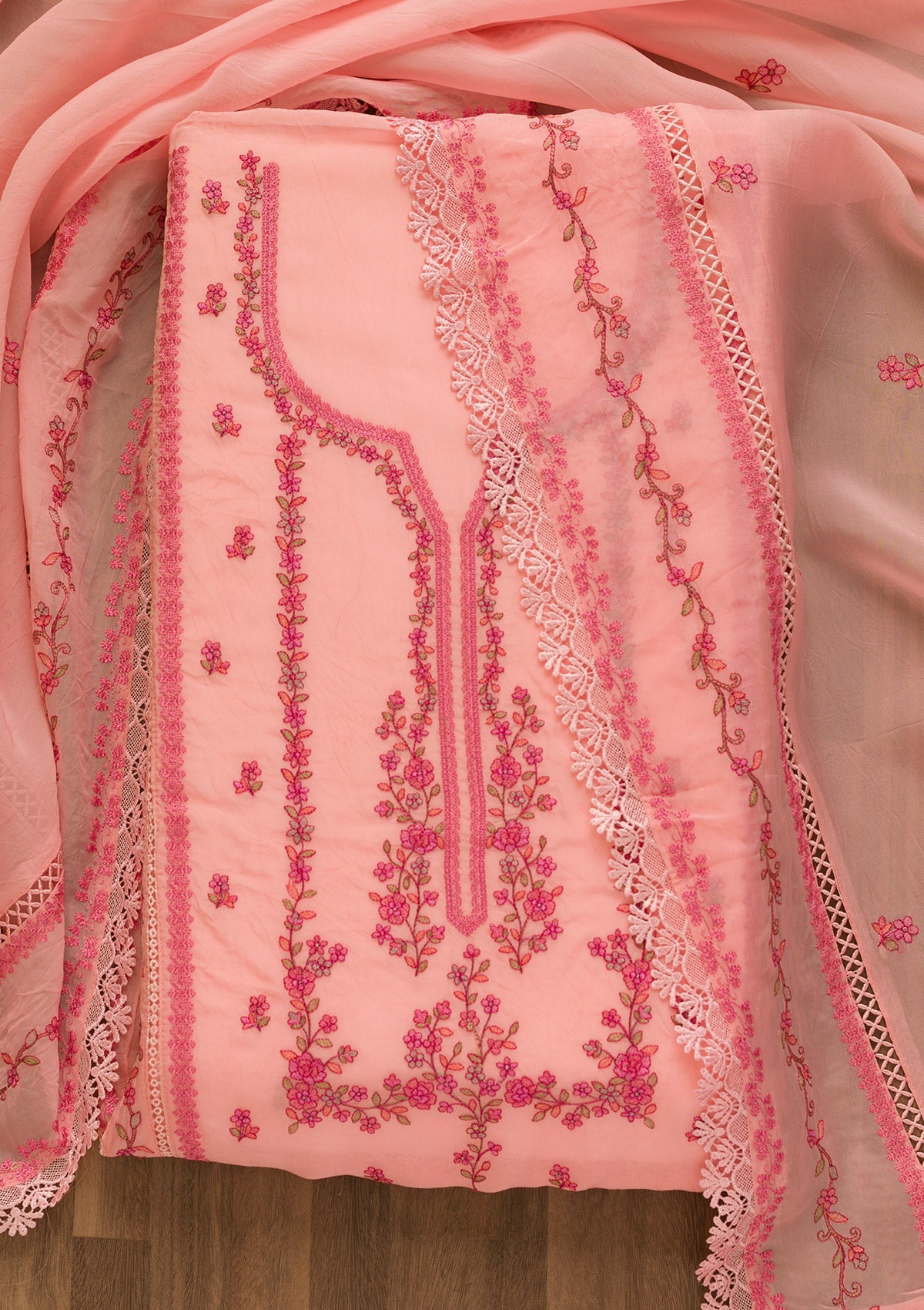 Pink Threadwork Tissue Unstitched Salwar Kameez-Koskii