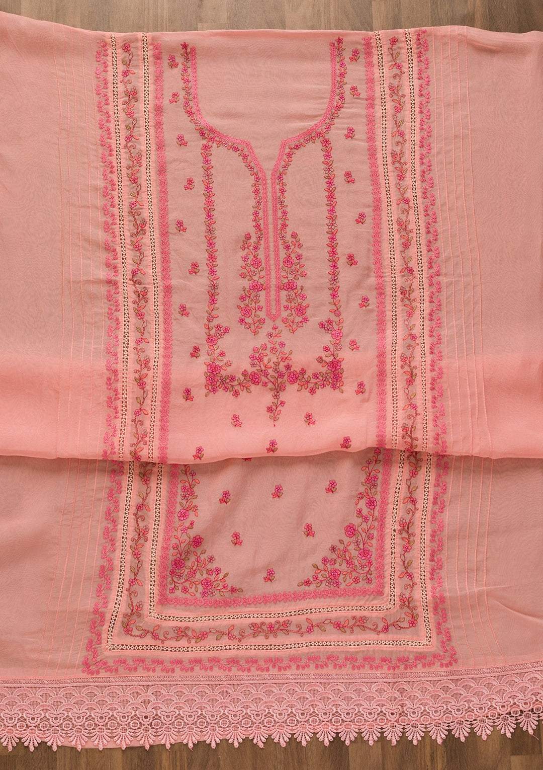 Pink Threadwork Tissue Unstitched Salwar Kameez-Koskii