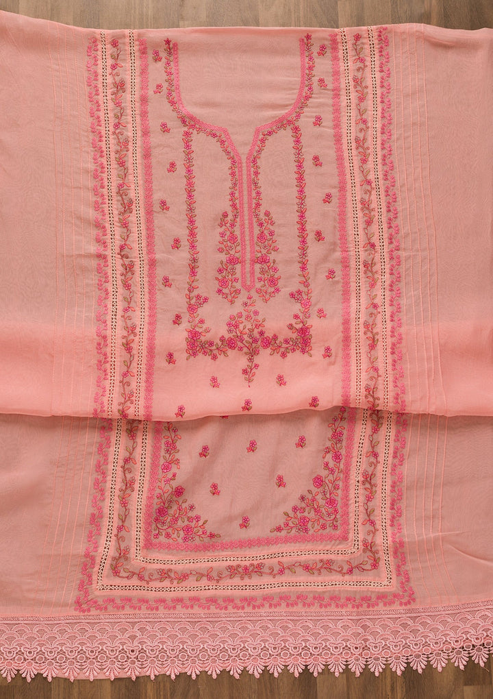 Pink Threadwork Tissue Unstitched Salwar Kameez-Koskii