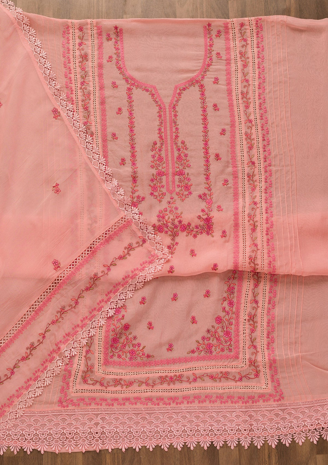 Pink Threadwork Tissue Unstitched Salwar Kameez-Koskii