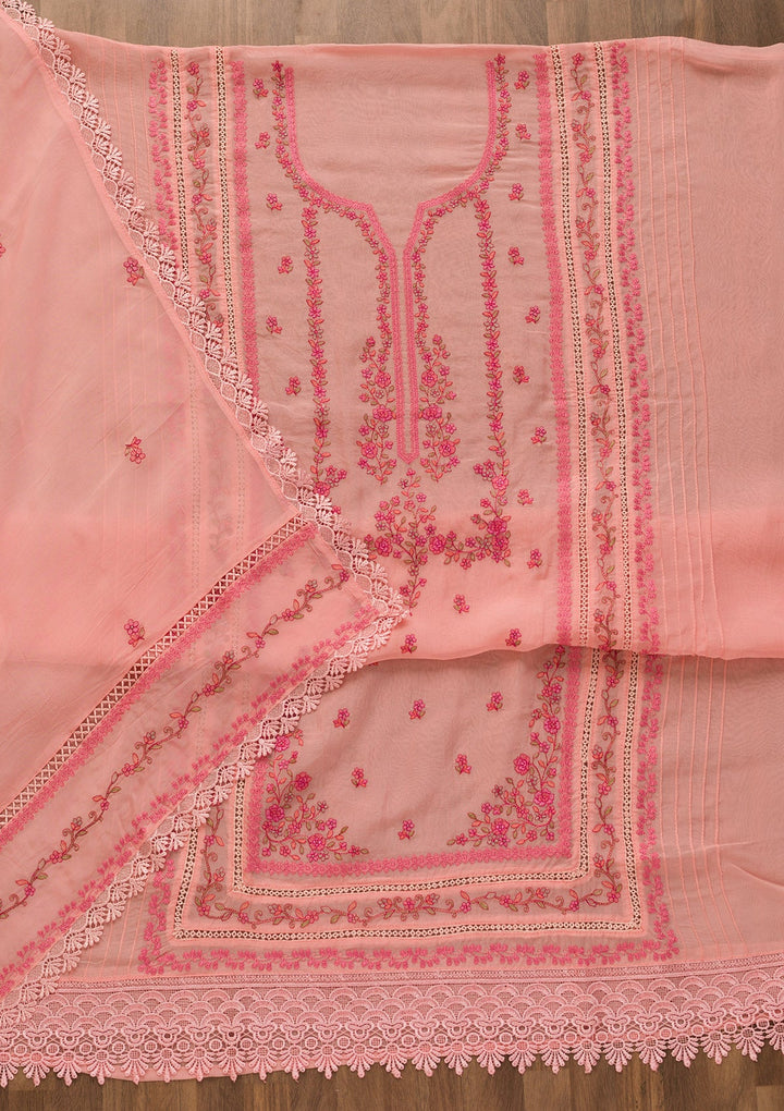 Pink Threadwork Tissue Unstitched Salwar Kameez-Koskii