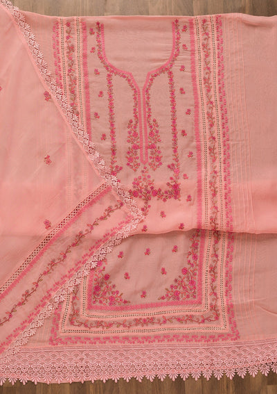 Pink Threadwork Tissue Unstitched Salwar Kameez-Koskii