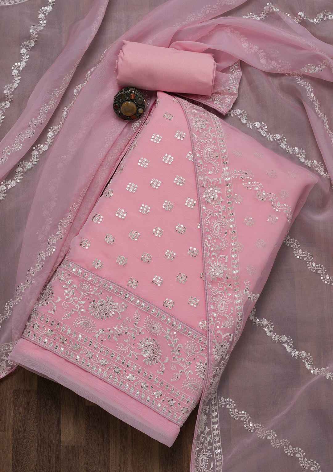 Pink Threadwork Tissue Unstitched Salwar Suit-Koskii