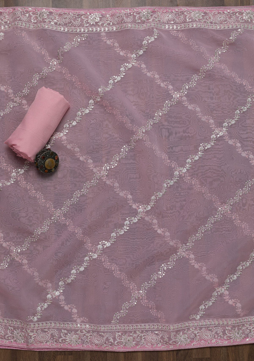 Pink Threadwork Tissue Unstitched Salwar Suit-Koskii