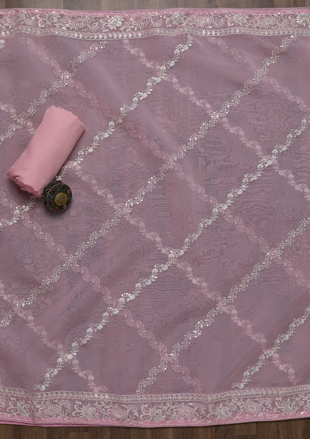 Pink Threadwork Tissue Unstitched Salwar Suit-Koskii
