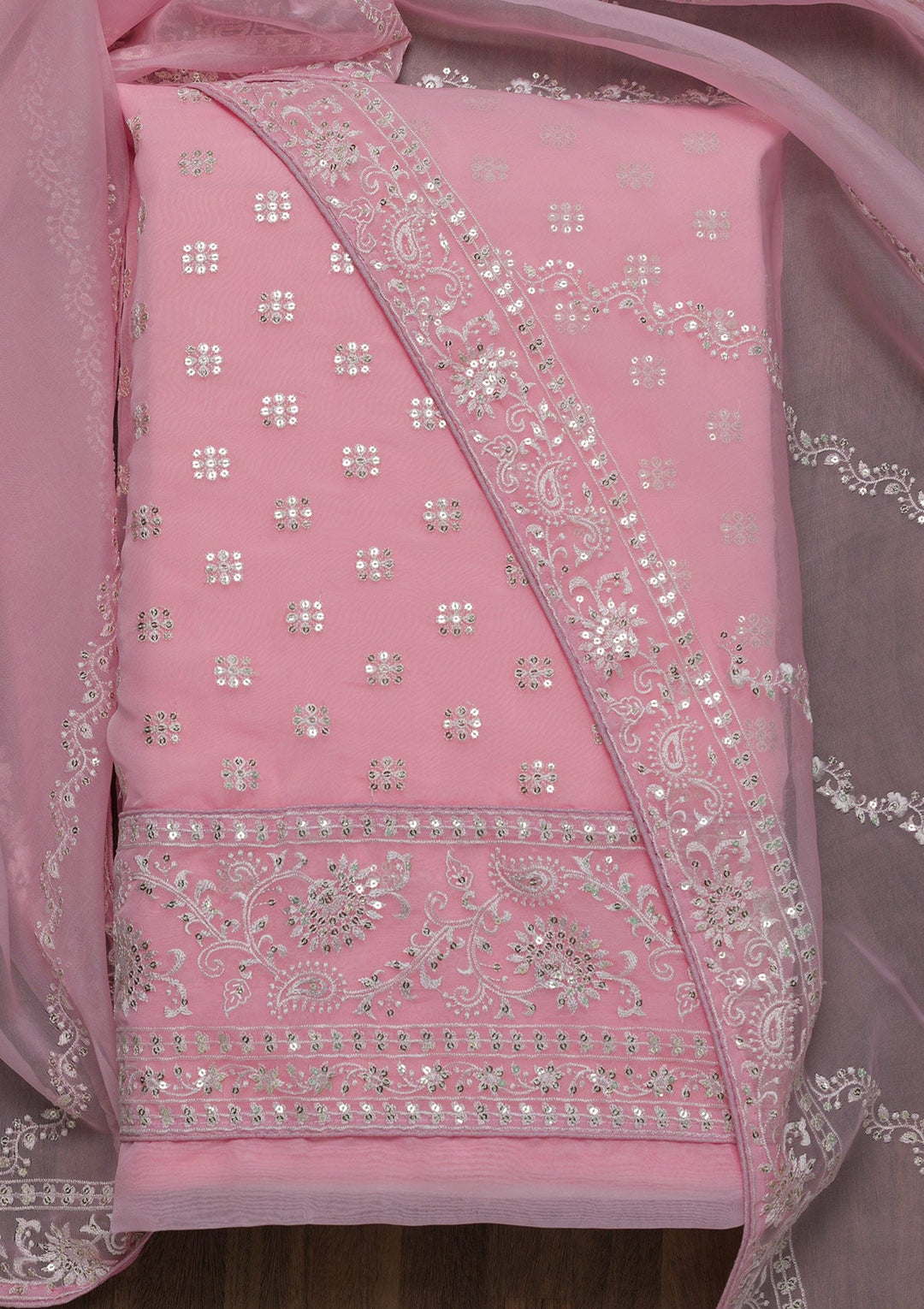 Pink Threadwork Tissue Unstitched Salwar Suit-Koskii