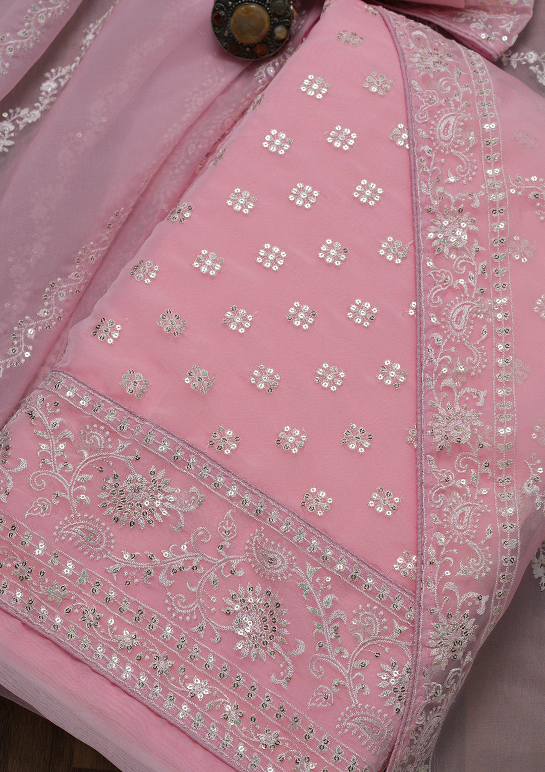 Pink Threadwork Tissue Unstitched Salwar Suit-Koskii