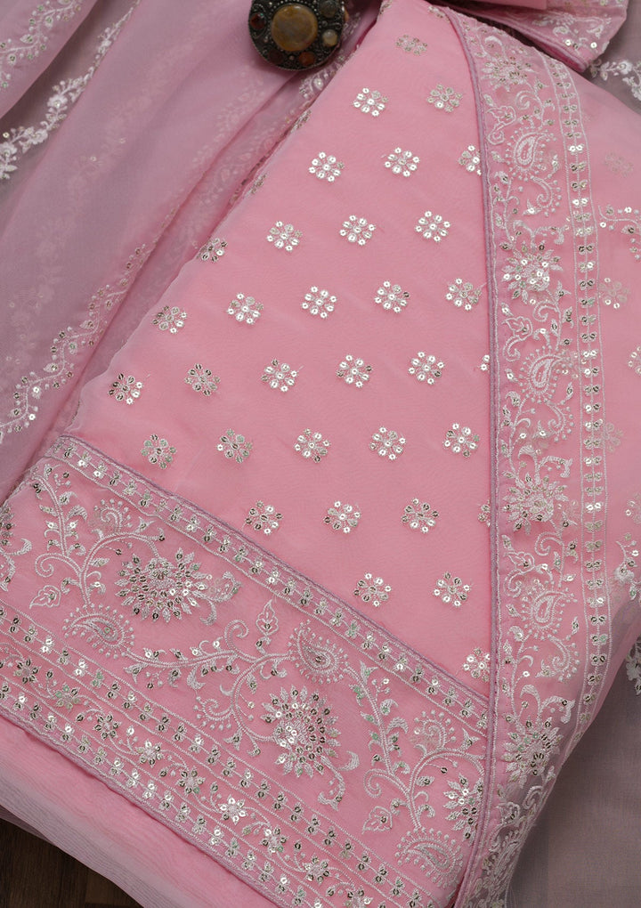 Pink Threadwork Tissue Unstitched Salwar Suit-Koskii