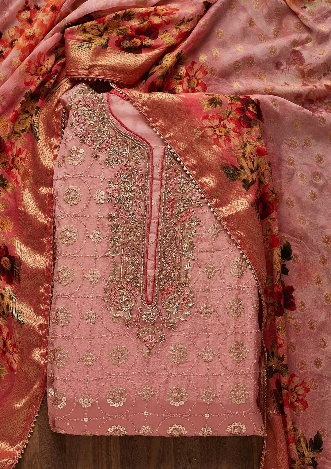 Pink Zardosi Georgette Designer Semi-Stitched Salwar Suit - Koskii