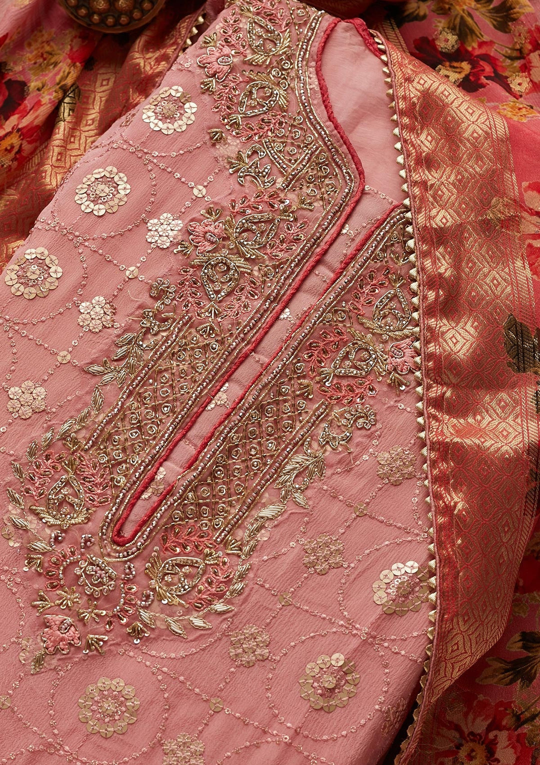 Pink Zardosi Georgette Designer Semi-Stitched Salwar Suit - Koskii