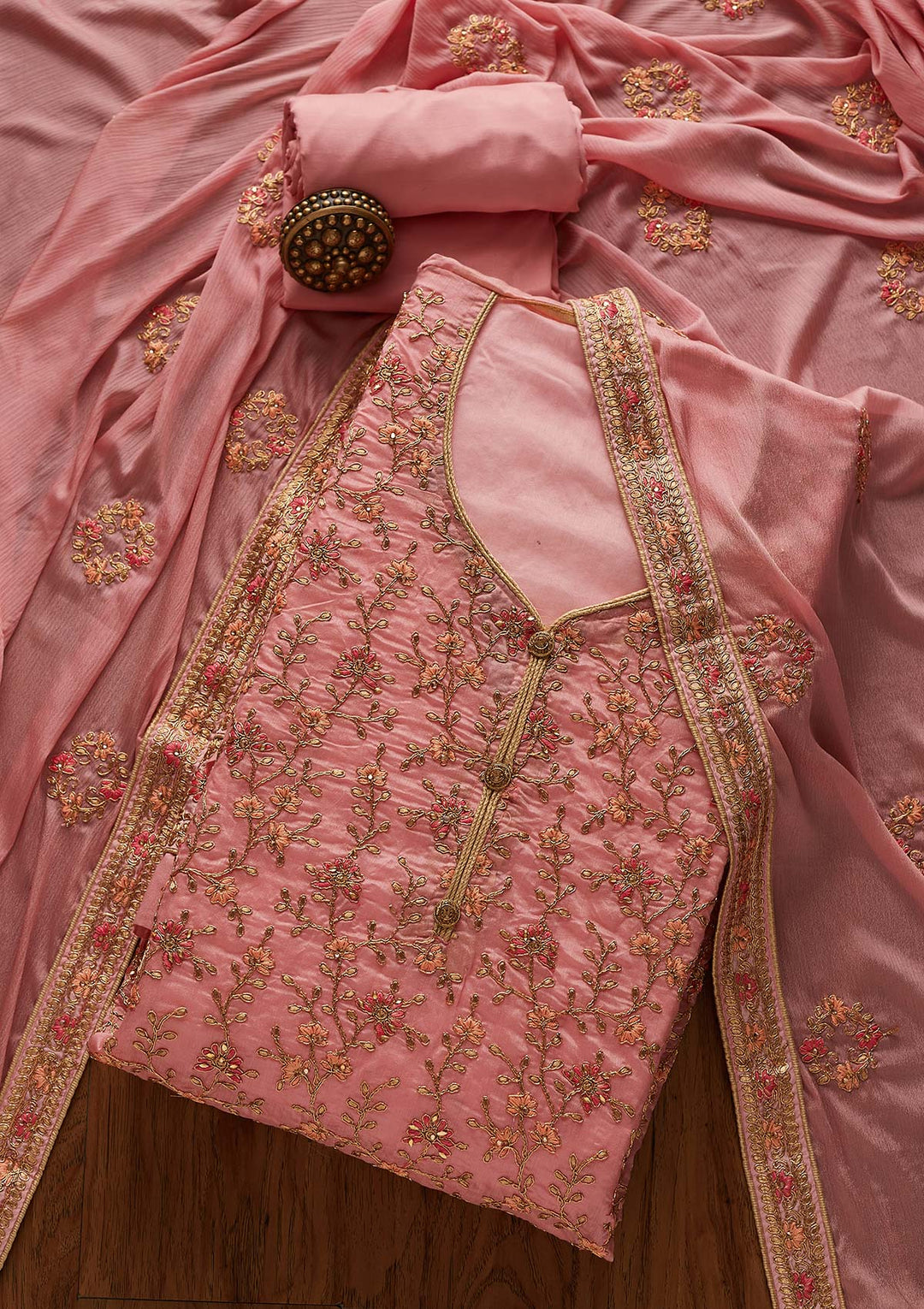 Pink Zariwork Art Silk Designer Unstitched Salwar Suit - Koskii