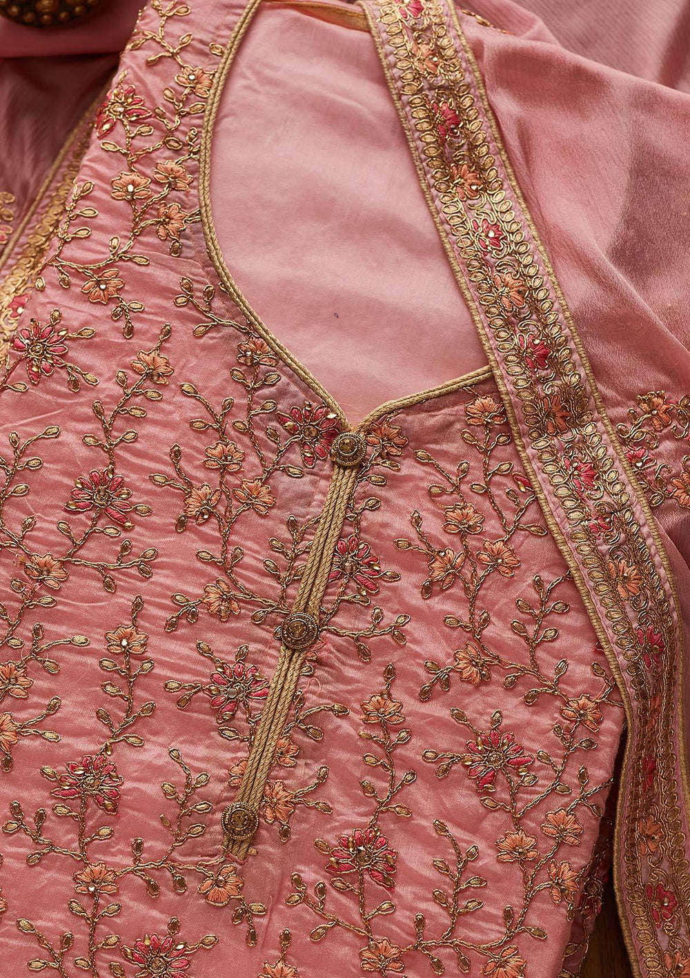 Pink Zariwork Art Silk Designer Unstitched Salwar Suit - Koskii