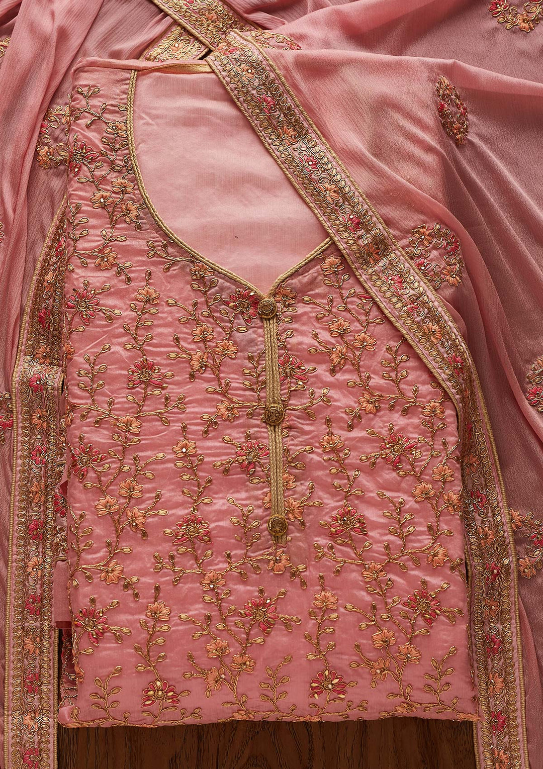 Pink Zariwork Art Silk Designer Unstitched Salwar Suit - Koskii