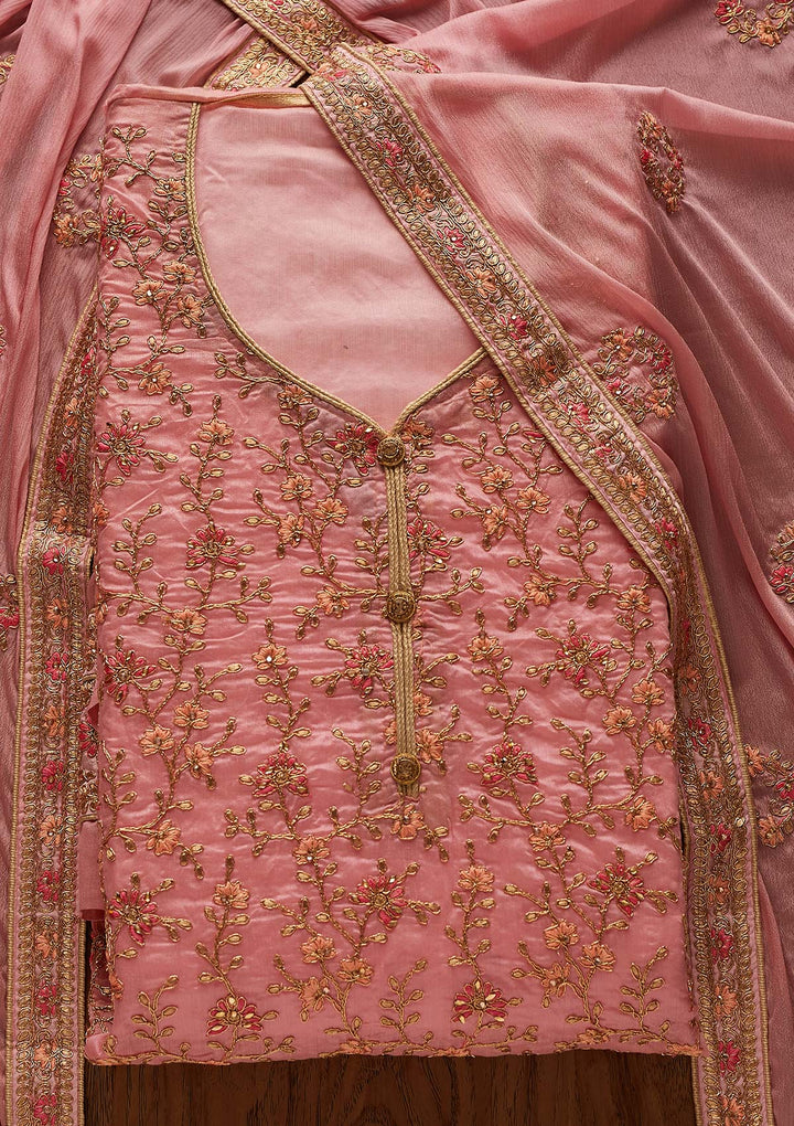 Pink Zariwork Art Silk Designer Unstitched Salwar Suit - Koskii