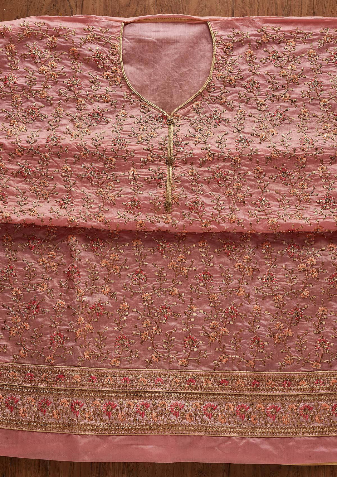 Pink Zariwork Art Silk Designer Unstitched Salwar Suit - Koskii