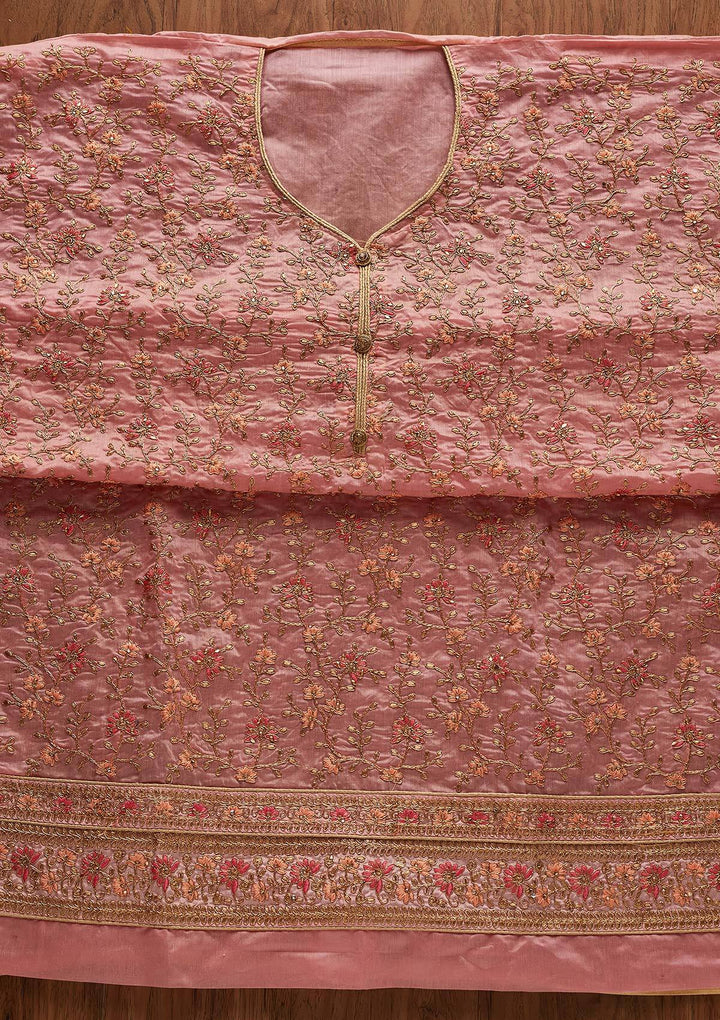 Pink Zariwork Art Silk Designer Unstitched Salwar Suit - Koskii