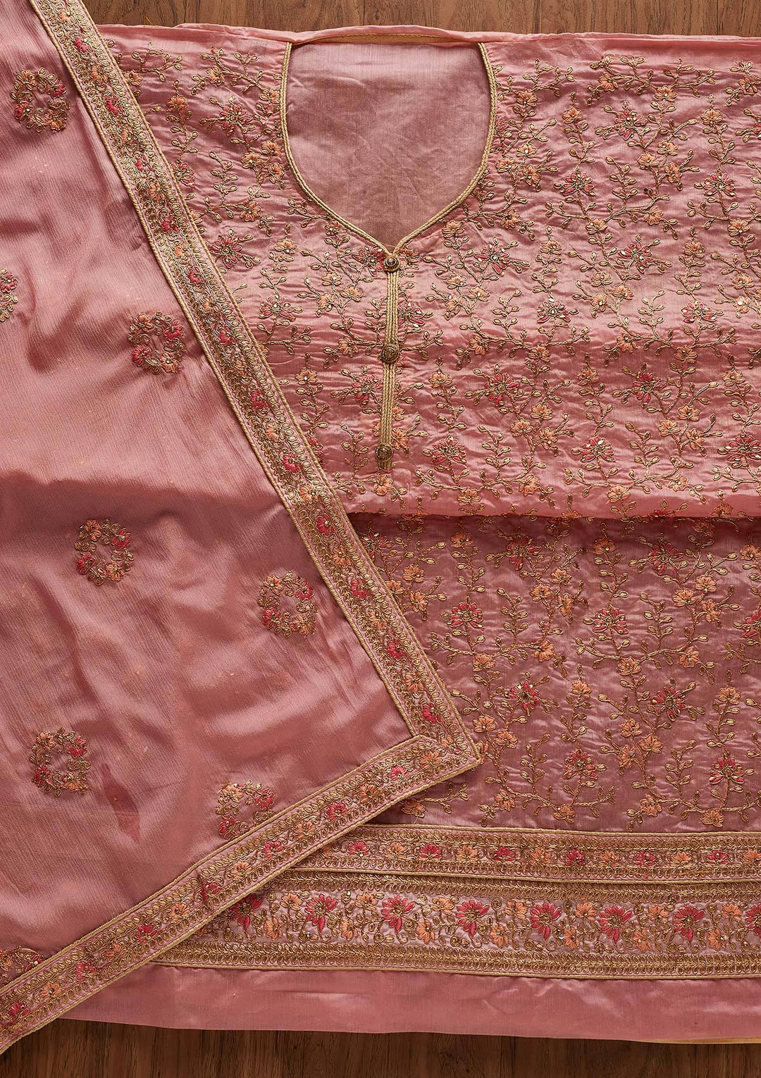 Pink Zariwork Art Silk Designer Unstitched Salwar Suit - Koskii