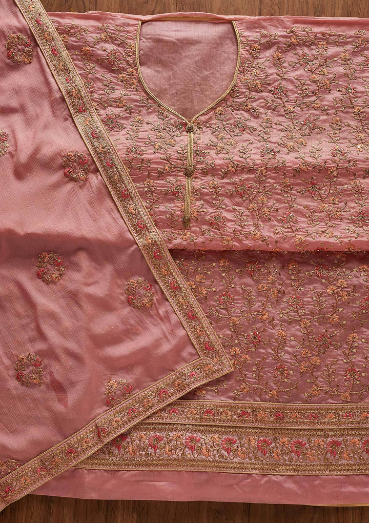 Pink Zariwork Art Silk Designer Unstitched Salwar Suit - Koskii