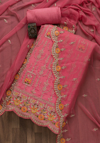 Pink Zariwork Art Silk Unstitched Salwar Suit-Koskii