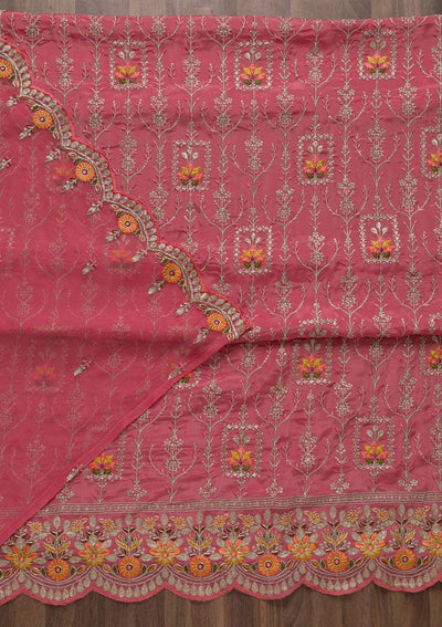 Pink Zariwork Art Silk Unstitched Salwar Suit-Koskii