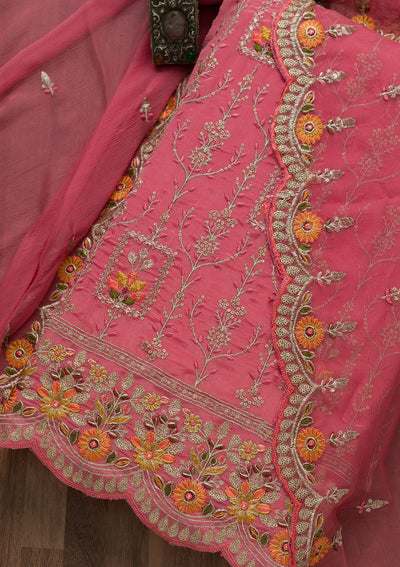 Pink Zariwork Art Silk Unstitched Salwar Suit-Koskii