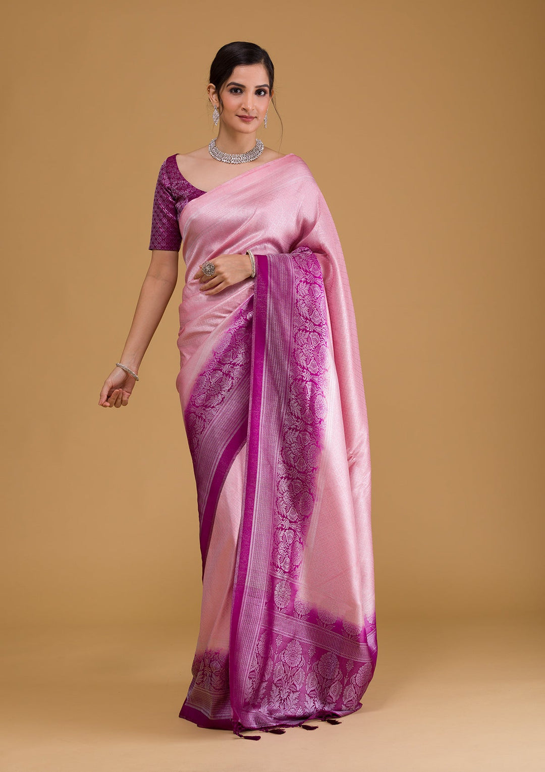 Pink Zariwork Banarasi Saree-Koskii