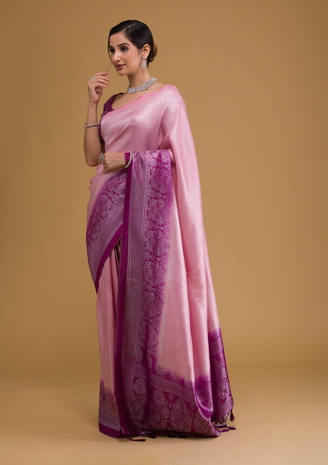 Pink Zariwork Banarasi Saree-Koskii