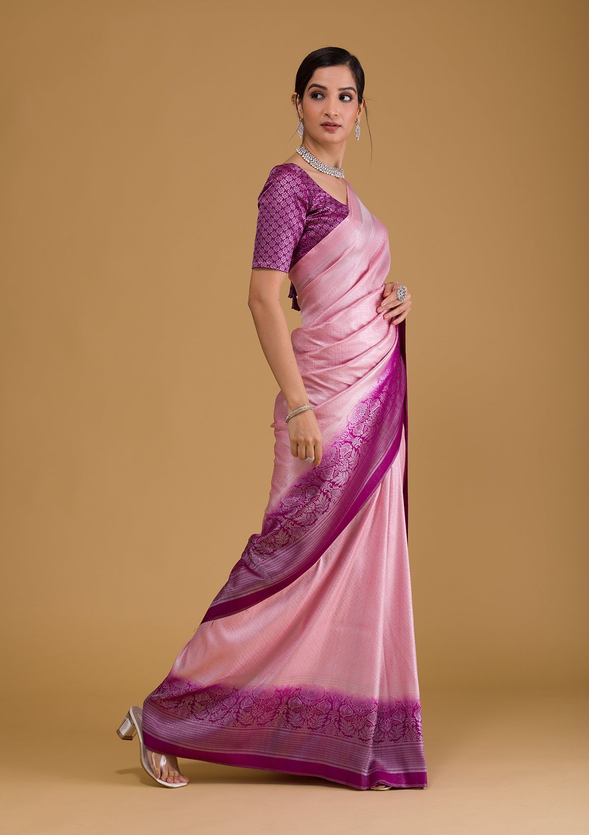 Pink Zariwork Banarasi Saree-Koskii