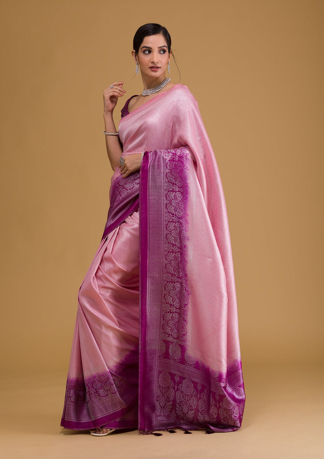 Pink Zariwork Banarasi Saree-Koskii
